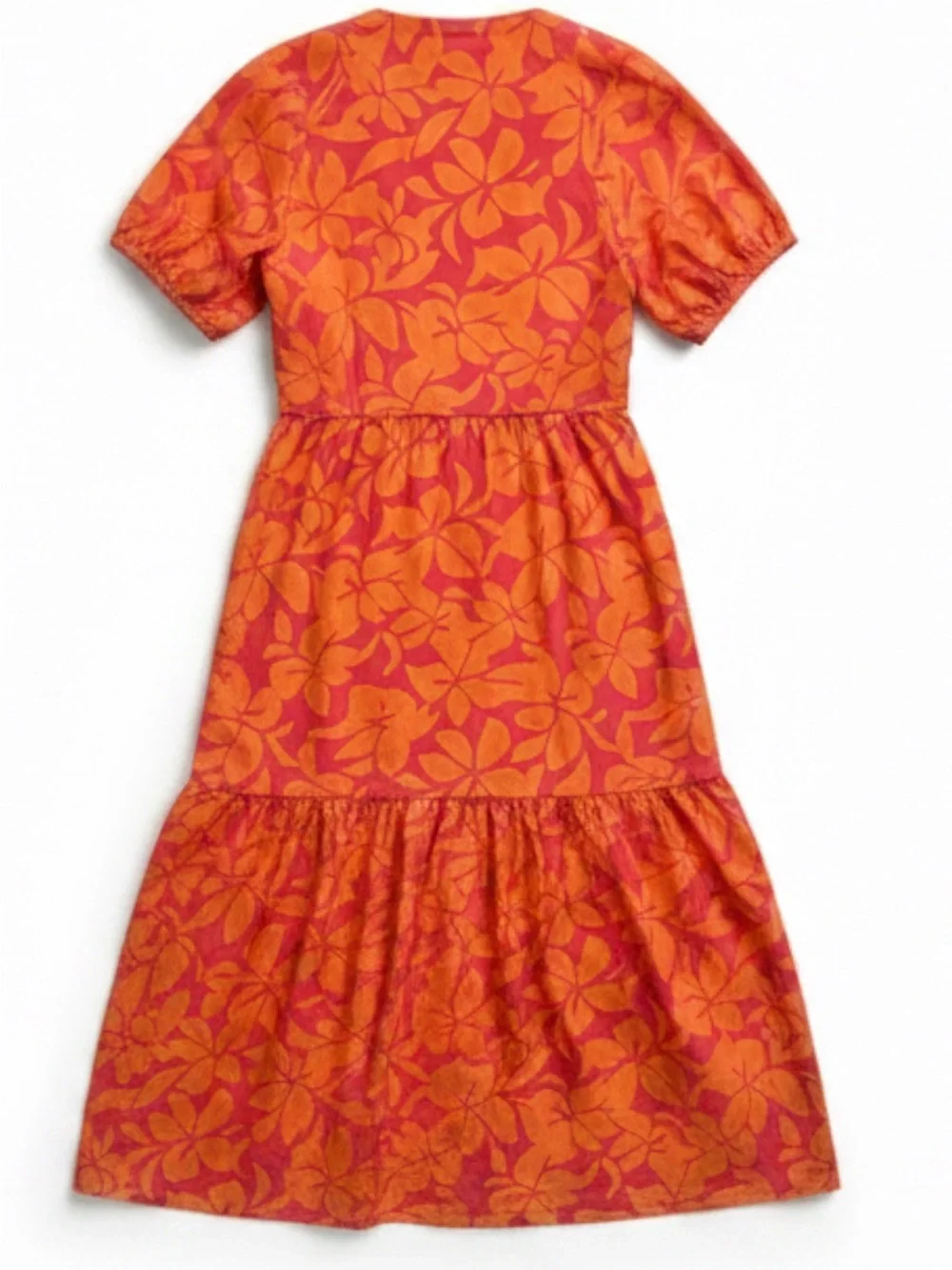 J.Crew Size 6 Orange Pink Tropical Floral Tiered Puff Sleeve Midi Dress Pockets